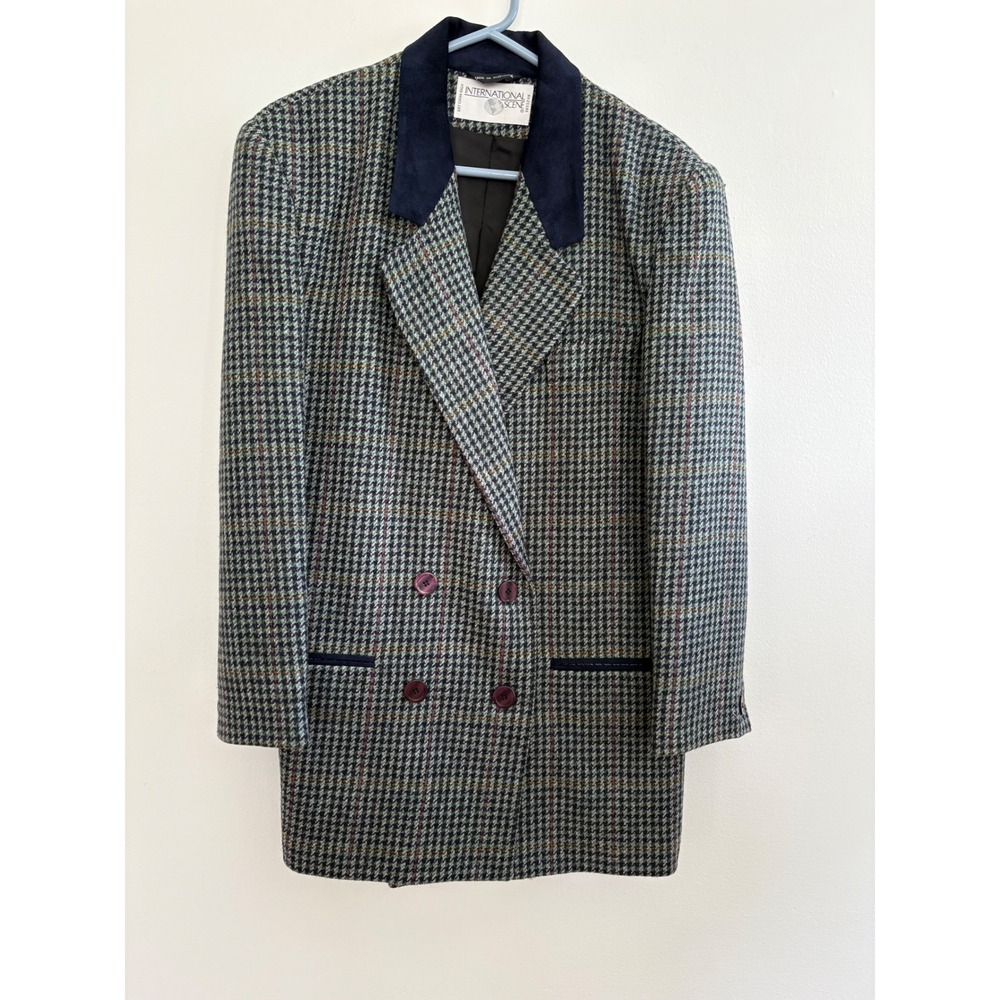 International Scene Vintage 100% Wool Houndstooth Blazer Navy Suede Collar 7/8